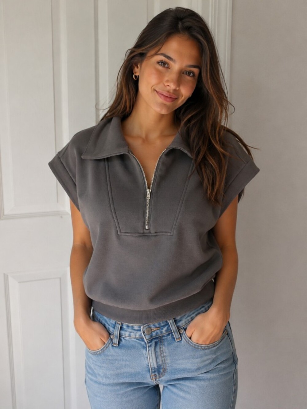 Merokeety Gray Zip-Front Sailor Collar Crop Top Medium